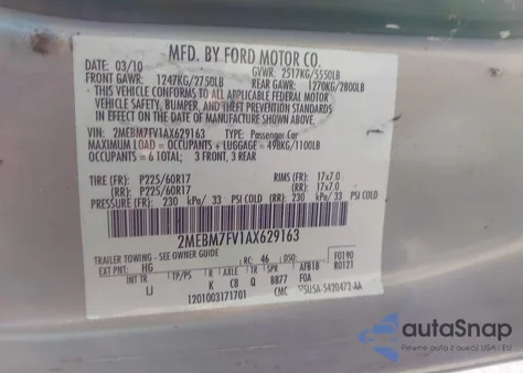 2010 Mercury Grand Marquis Ls (Fleet Only) из США, поврежденный, VIN 2MEBM7FV1AX629163